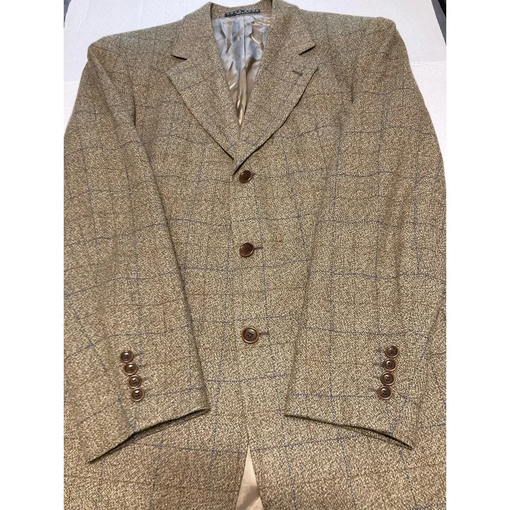 Hugo Boss‎ Einstein Blazer Sport Coat Cashmere Wool 40L Brown Beige Check